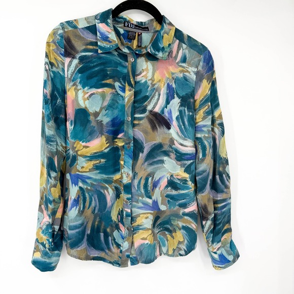 FDJ French Dressing Jeans Tops - FDJ French Dressing Jeans Abstract Brushstroke Button Down Blouse Teal Small